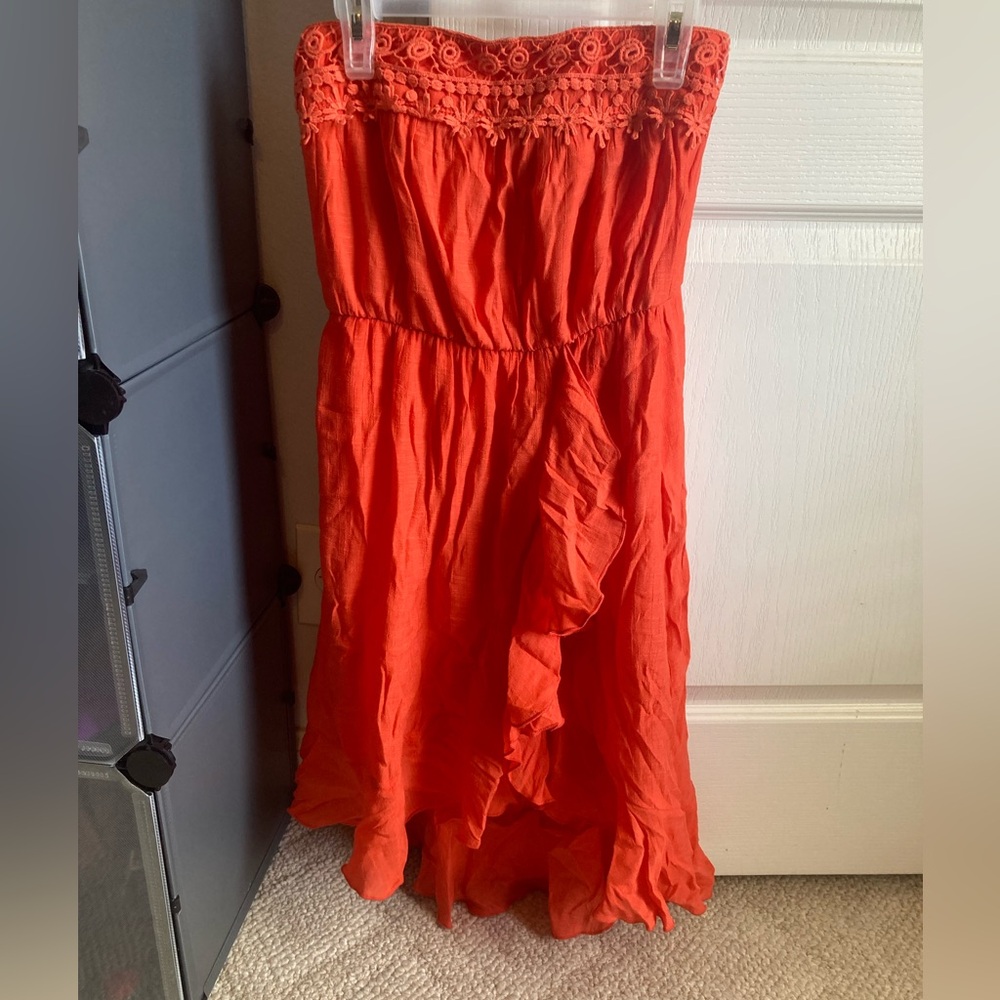 Iz Byer Orange Strapless Dress.